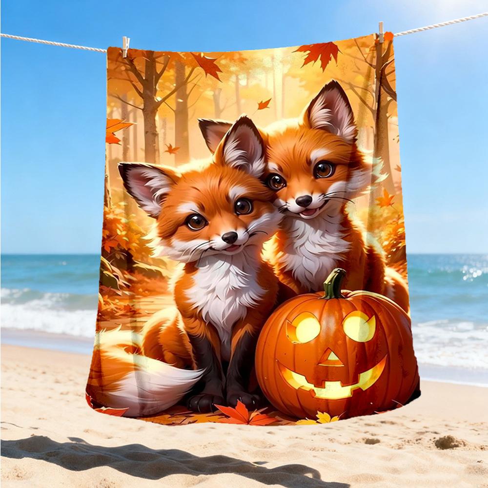 1pc Autumn Foxes Pumpkin Throw Blanket Polyester Fiber, Lightweight Flannel, Soft & Warm, All Season Use for Outdoor, Camping Digital Print