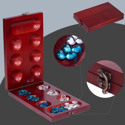 Jogo de Tabuleiro Mancala Dobrável de Pinheiro Castanho - Divertido Jogo de Mesa Clássico com Tabuleiro de Madeira para Adultos e Crianças