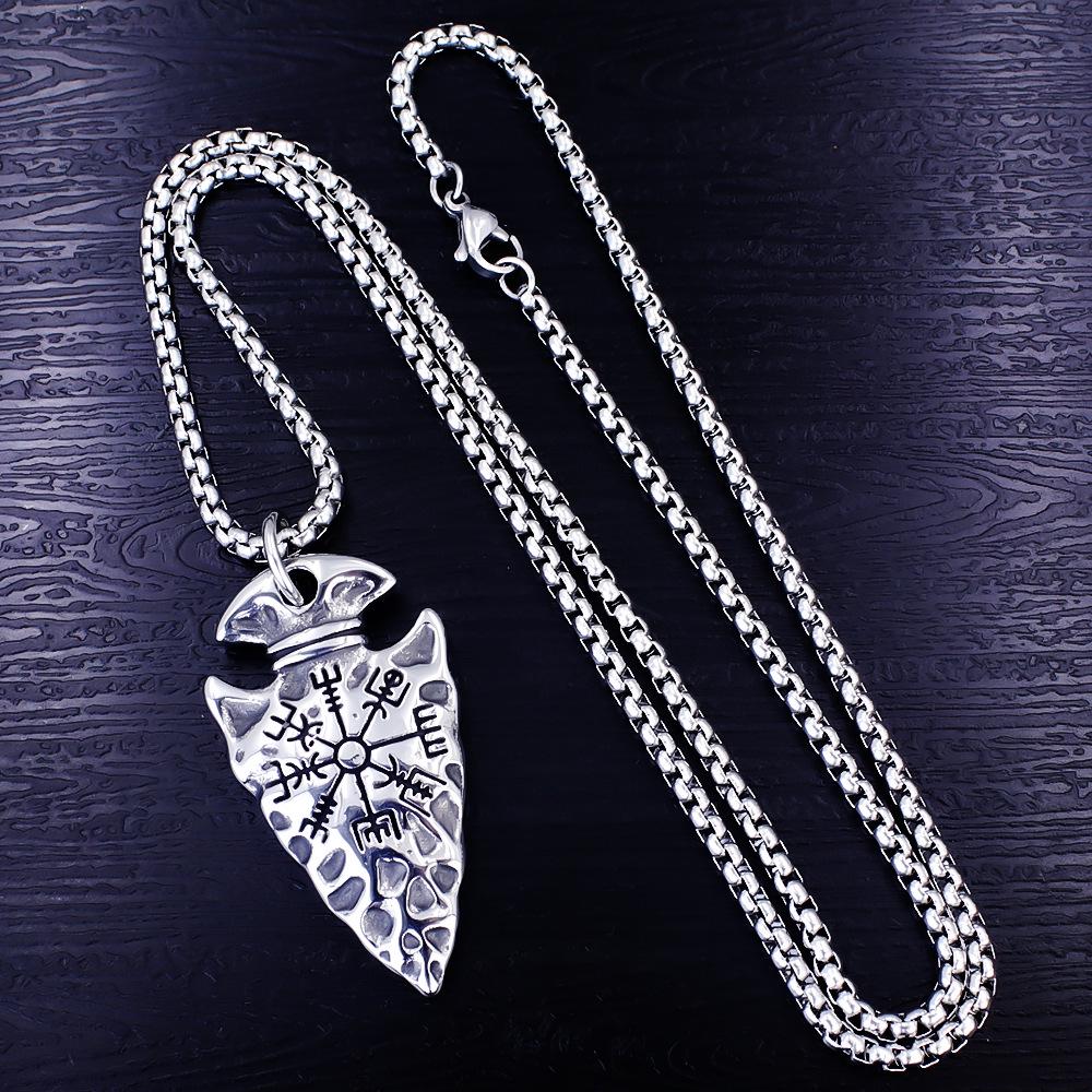 European Viking Titanium Steel Rune Necklace with Stainless Steel Spearhead and Compass Pendant