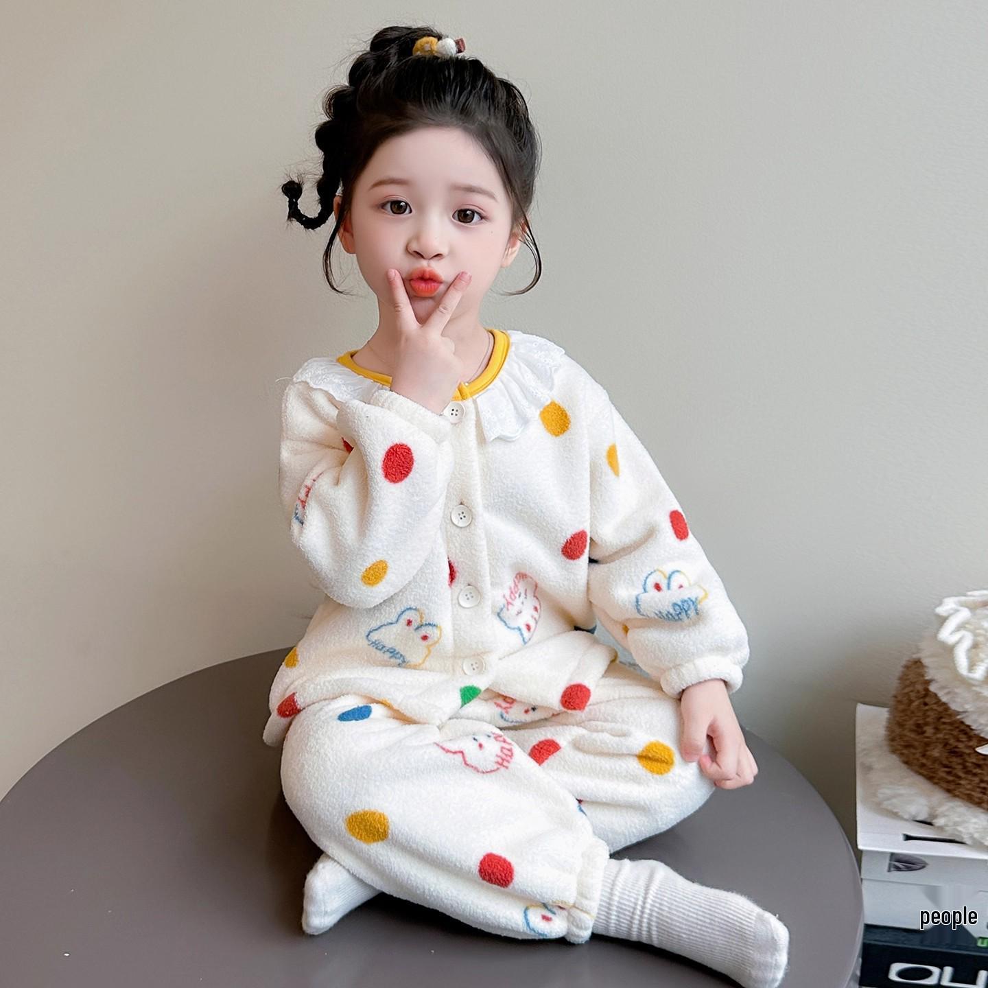 Детский зимний фланелевый комплект пижамы - Коралловый, Вельвет, Утолщенный, Модный дизайн для девочек 120cm