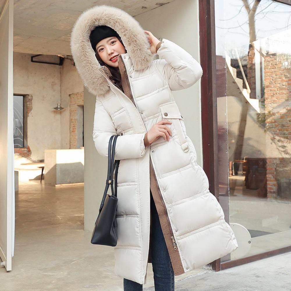 Winter new down cotton clothes women's long over-knee big fur collar Korean version slim and thin belt coat cotton