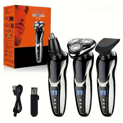 3-In-1 Men's Electric Shaver - USB Rechargeable Portable Shaver with Nose Hair Trimmer and 3D Floating Blade, Digital Display