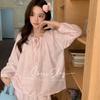 Cotton Crew Neck Comfortable Lace Up Lace Set Women's Loungewear Long Sleeves Pants Pompom Comet