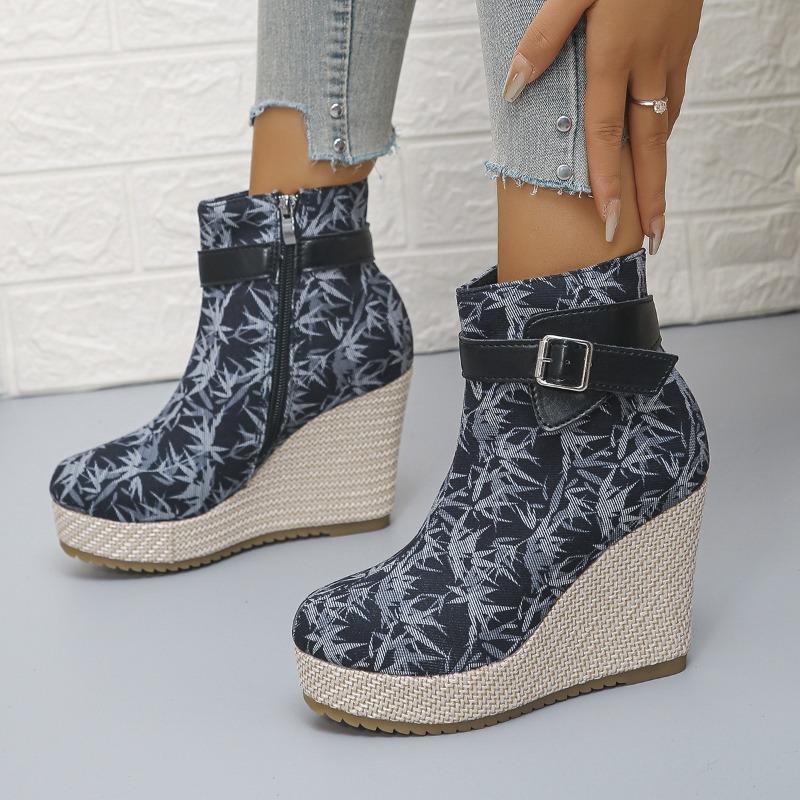 Bottes Courtes Fashion Plateformes Épaisses Automne pour Femmes, Fermeture Éclair Latérale, Boucle de Ceinture, Style Compensé Daim, Disponibles En Grandes Tailles.