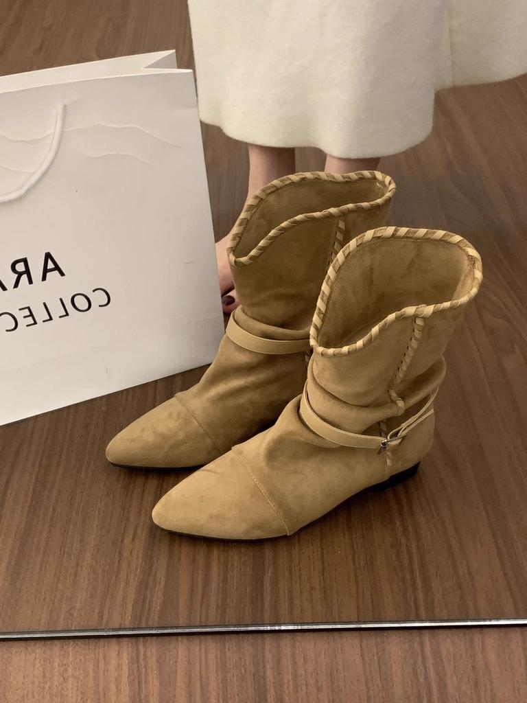 Retro pleated belt buckle pointed pile boots women's new inner height increase versatile comfortable western cowboy boots