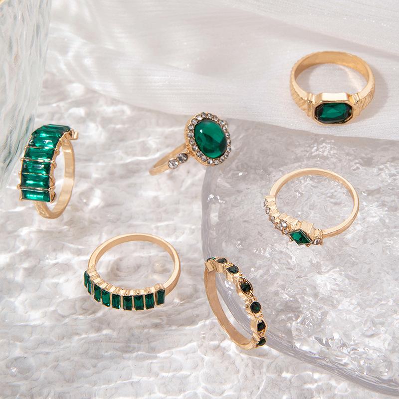 European and American vintage personalized jewelry Green diamond-set six-piece ring set Imitation gemstone light luxury ring set