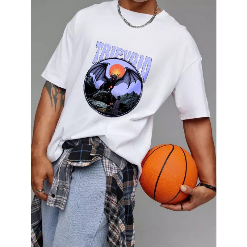 White T-Shirt with Tripvoid Dragon and Sunset Mountain Scene Graphic for Casual Wear