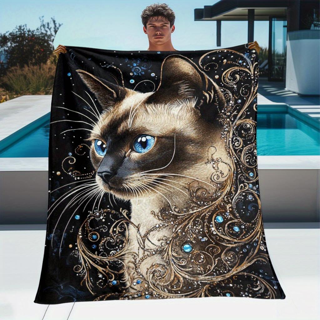 1 Blue Eyed Siamese Cat Print Flannel Blanket - Lightweight, Soft, Warm Blanket for Sofa, Bed, Travel, Camping and Office