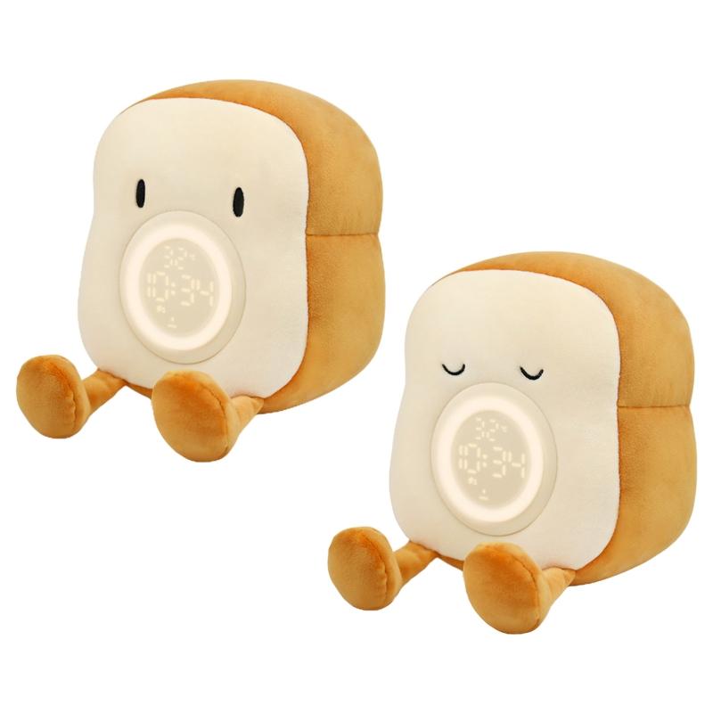 LED Digital Cartoon Alarm Clock Bedroom Night Light Bedside Electronic Clock Soft Plush Toast Shape Alarm Clock