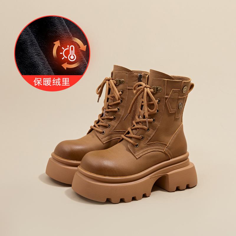 

Autumn new thick-soled muffin bottom non-slip high-top lace-up women s solid color fashion Internet celebrities ins super fire short boots women 40