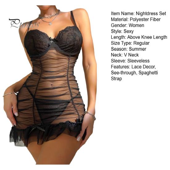 2 Pcs/Set Nightdress Panties Set Spaghetti Strap Backless Sleeveless Nightwear Pleated Transparent Mesh Bow Ruffle Dress Sleepwear Set G-string Set