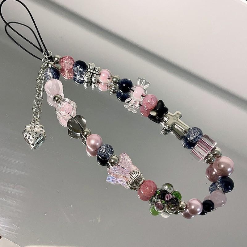 

Ins Sweet Cool Style Black Pink Bead CCD Camera Hand Rope DIY Phone Chain Hanging Stand Anti Loss D