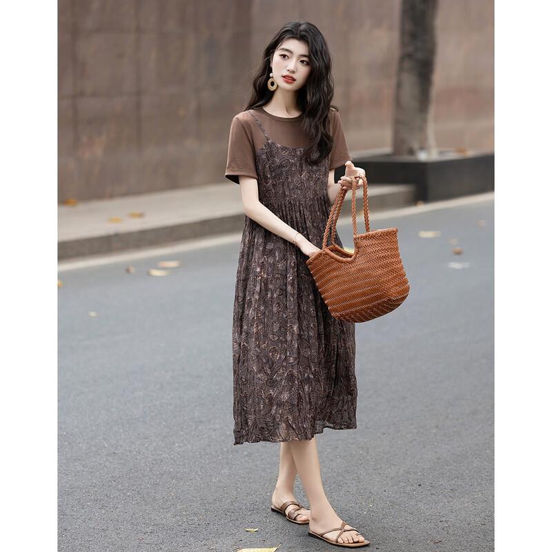 Demana Summer French A-Line T-Shirt Style Faux Two-Piece Dress