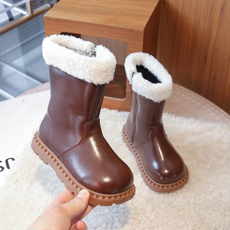 Girls' wool boots winter children's breathable lining boots anti slip side zipper able retro snow shoes girls' boots