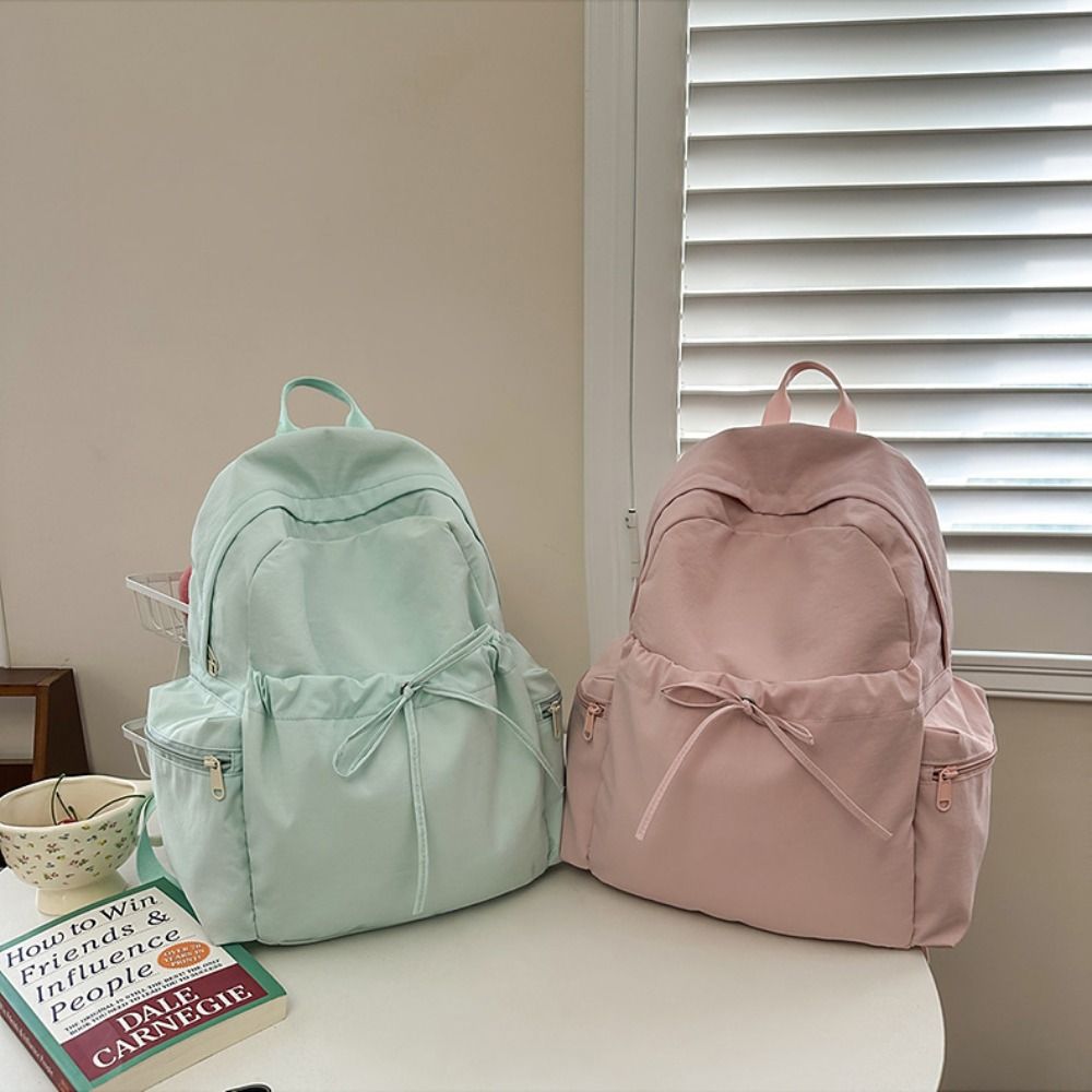 Bowknot Bow Backpack Solid Color Student School Bag Fashion Drawstring Rucksack Outdoor Use