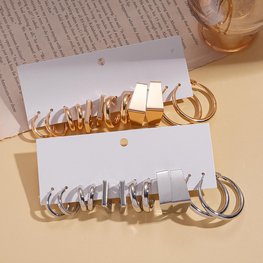 Twelve-piece Smooth Geometric C-shaped Round Silver Needle Earrings