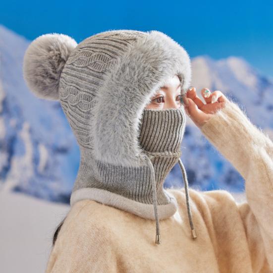 Knitting Hat Women Windproof Insulated Design Winter Hat with Plush Ball 3-in-1 Thickened Hat Face Guard Scarf