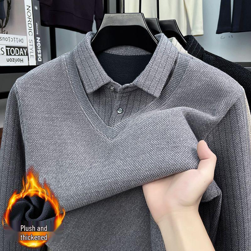 

Men s Fleece-Lined Knit Sweater with Turn-Down Collar for Autumn/Winter 185/3XL (170-185 kg)