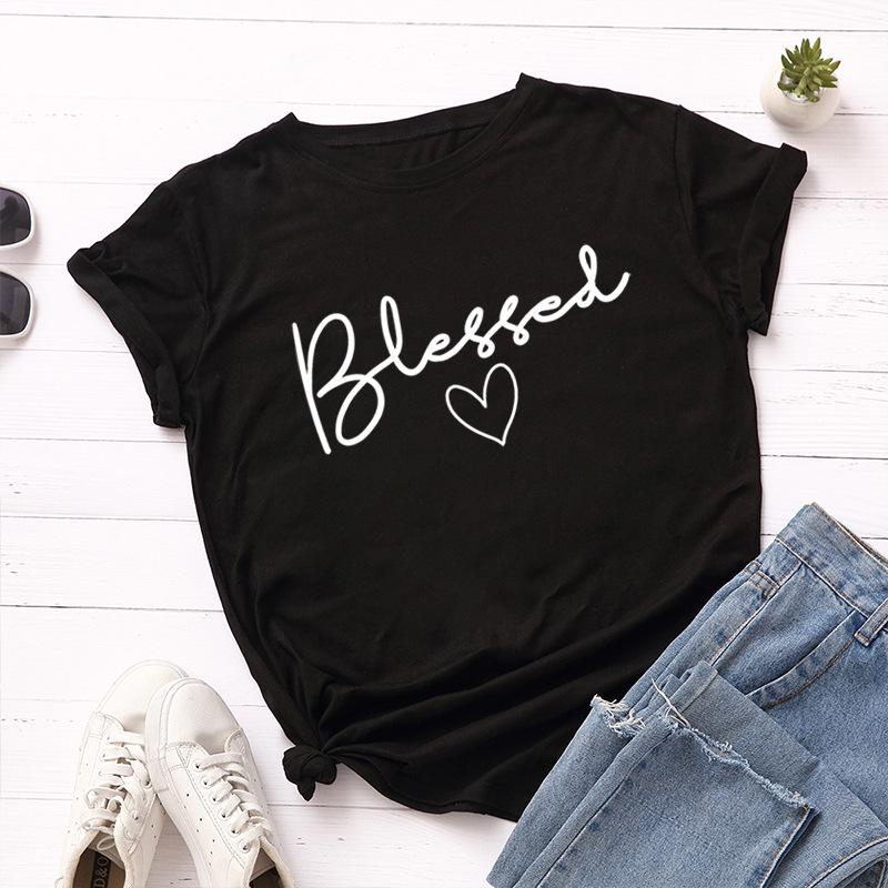 Blessed Letter Cotton T-Shirt Short Sleeve Round Neck Women 2d Print Tops