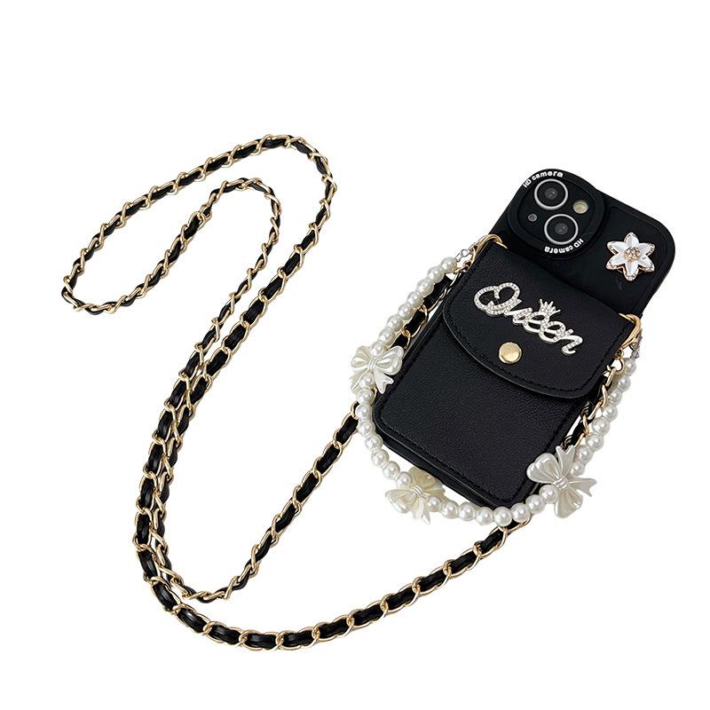 For IPhone17 Wallet Card Case Phone Case for Apple 16 Bow Pearl 14 Bracelet 13 Precision Hole XR Flower