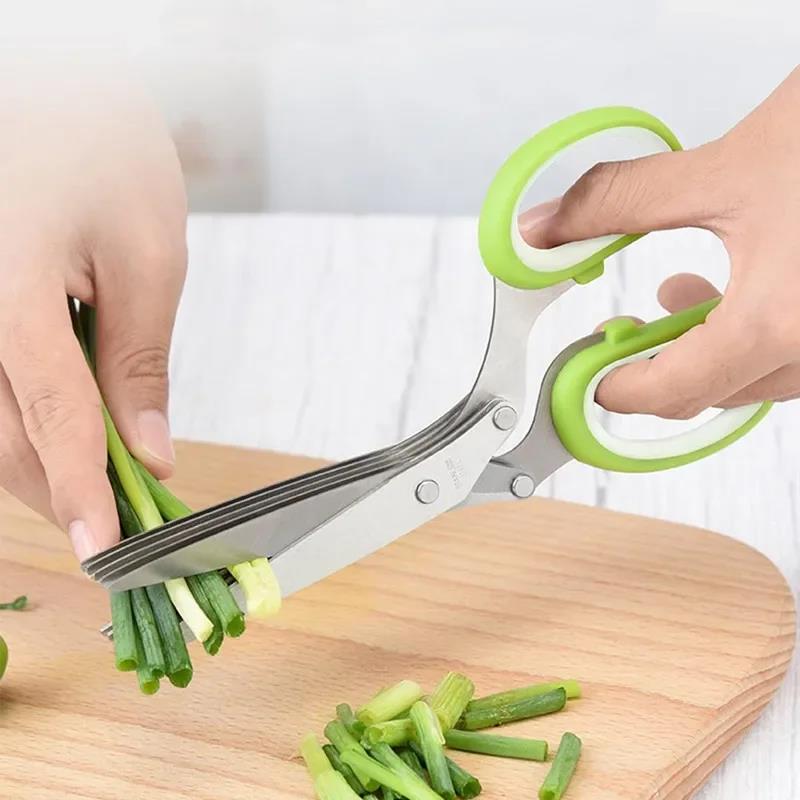 Herb Scissors Stainless Steel 5 Blade Kitchen Shears Household Vegetable Cutter with Cover Multifunctional Kitchen Gadgets5