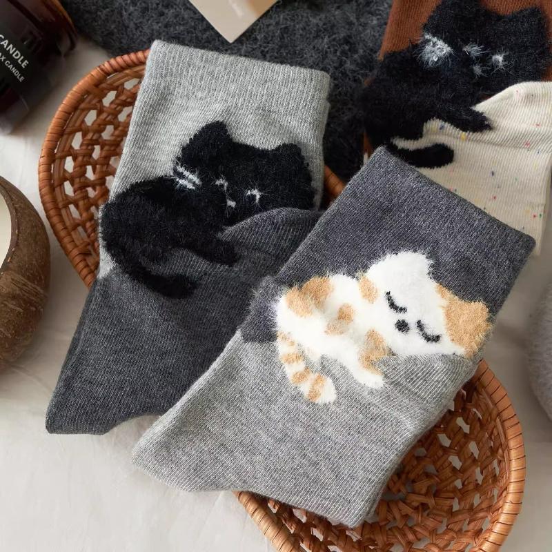 1/4 Paar Lustige Niedliche Katzen Druck Mittellange Socken Cartoon Haus Bodensocken Für Damen Herren Winter Warm Baumwolle Weiche Socke Geschenke für Freunde