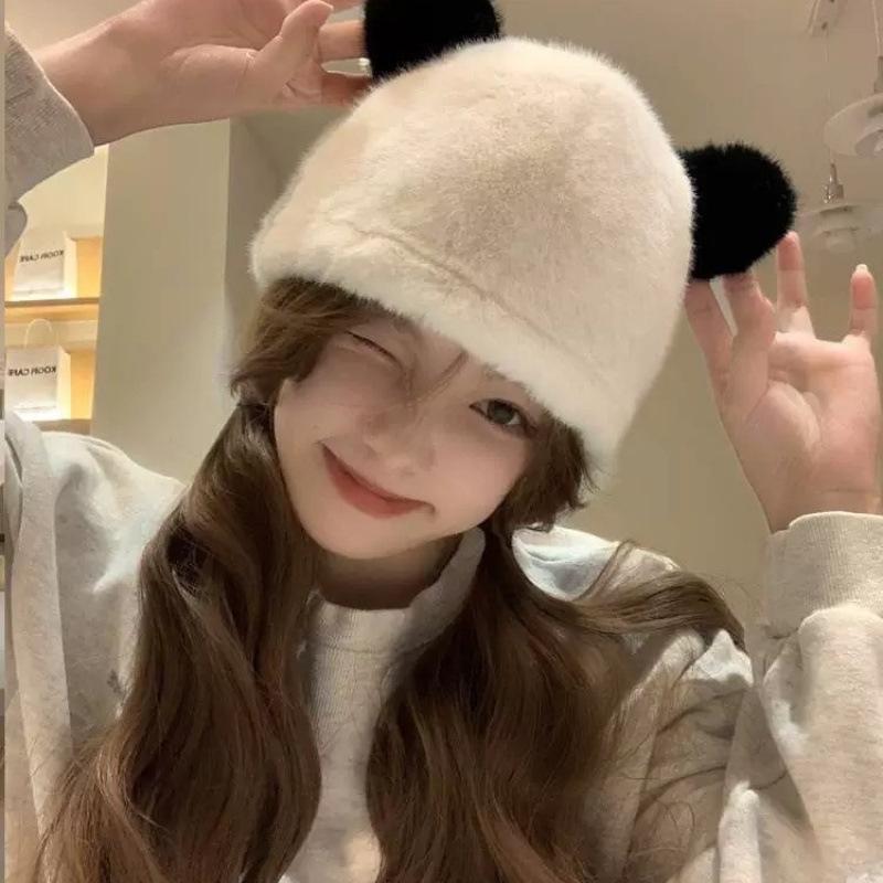 New Bear Plush Hat Female Cute Wool Warm Fluffy Big Head Circumference Knitted Cold Hat Autumn and Winter