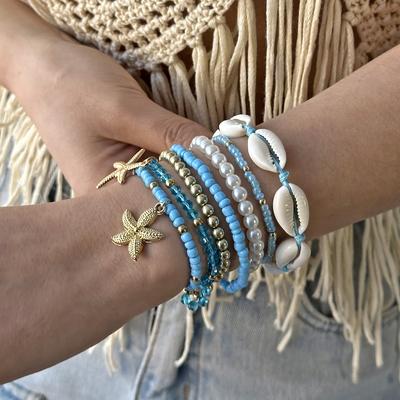 7Pcs/Set Bohemia Starfish Shell Beaded Bracelets for Women Summer Ocean Blue Beads Strand Hand Chain Jewelry Beach Vacation Gift