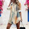 Women Plus Size Collared Long Sleeve Button Front Geometric Printed Curved Hem Shirt Dress