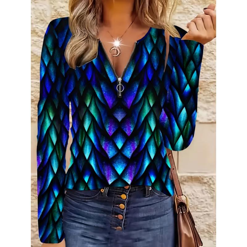 Women's spring and autumn fashionable long-sleeved zipper T-shirt - 3D full body digital printing design party wear