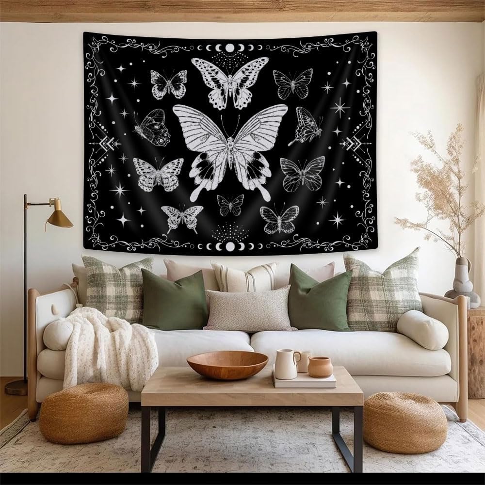 Tapestry Wall Hanging Trippy Witchy Black and White Tapestries Moth, Moon Star Mystic Dark Aesthetic Nature Small Boho Hippie