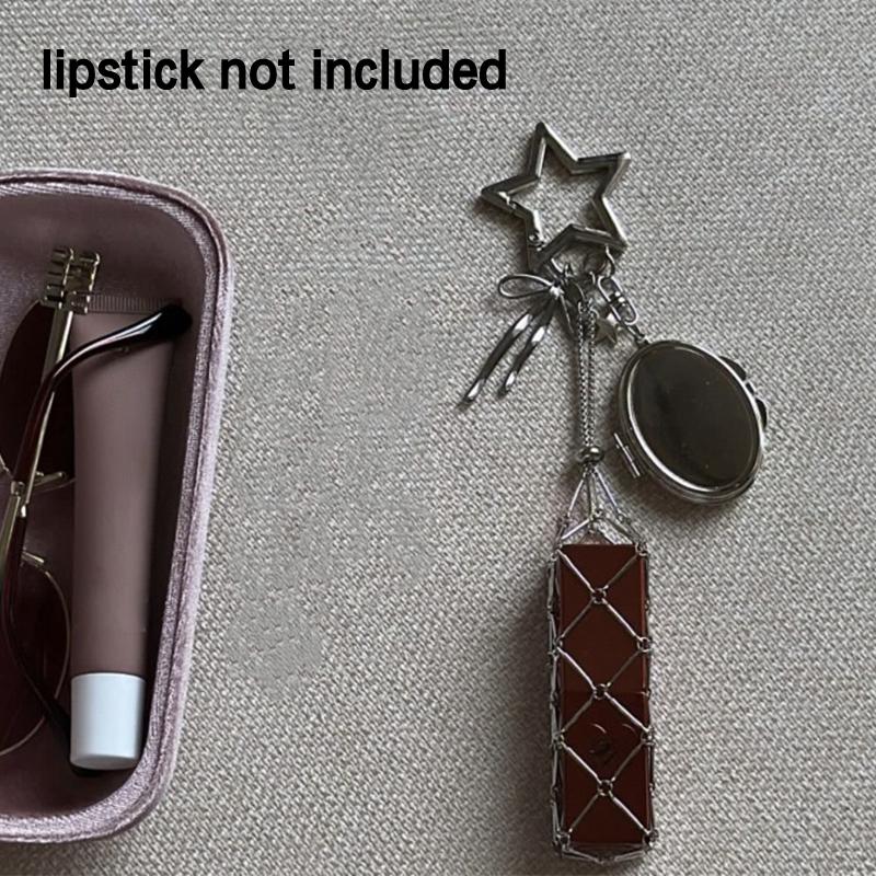 Metal Net Pocket Lipstick Bag Keyring Portable Lip Balm Keyring Holder Lipsticks Protective Cover Mirror Keyring Bag Charm Decor