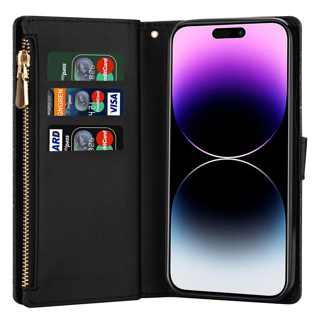 For iPhone 15 Zipper Wallet Stand Phone Case PU Leather Glittery Laser Carving Phone Cover