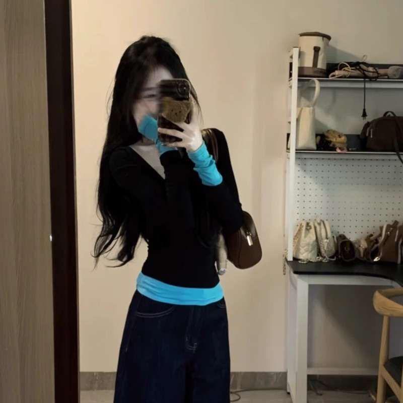 Women's Slimming V-Neck Color Block Fake Two-Piece Long Sleeve Modal Top - Spring/Summer