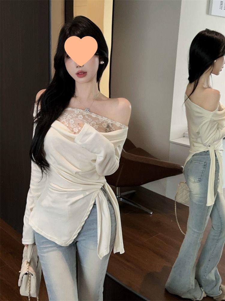 Women's Patchwork Lace One-Shoulder Top - Slim Fit, Early Autumn Long Sleeve Base Layer