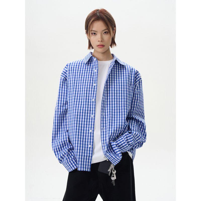 Kisko American Retro Refreshing Blue Plaid Loose Long-Sleeved Shirt for Men and Women, High-End Casual Shirt Jacket