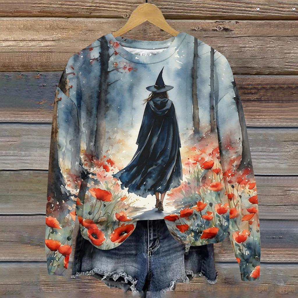 Women's Halloween Print Long Sleeve Neck T-Shirt