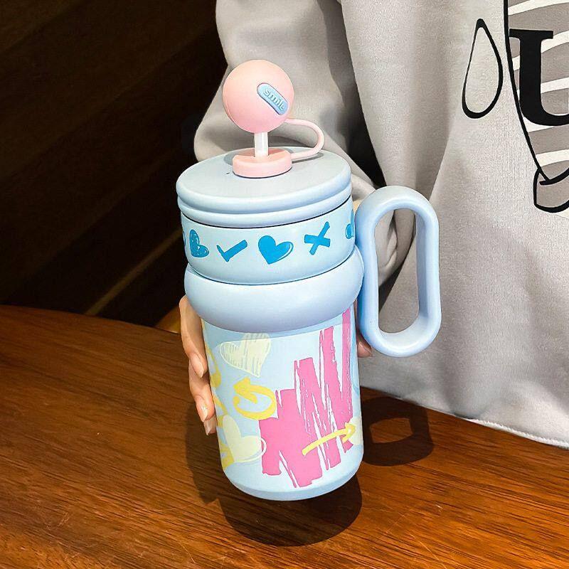 Large-Capacity Thermos Cup for Girls, New Office Water Cup, Giant Student Cup with Handle and Straw, High Aesthetic Value