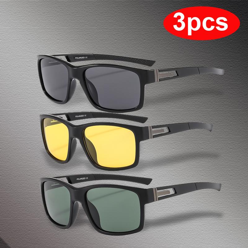 3pcs Sets Sunglasses Men Women Polarized Square Sun Glasses Brand Rectangle Driving Fishing Shades UV400 Glasses Outdoor Eyewear