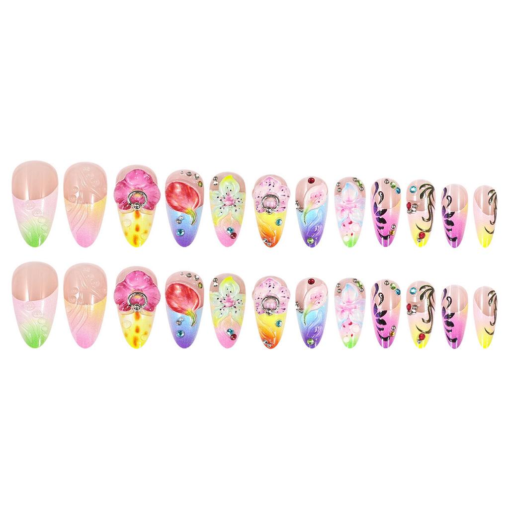 24Pcs Summer Long Almond Press On Nails Hawaiian Dopamine Flower Design Colorful French Y2k Fake Nails