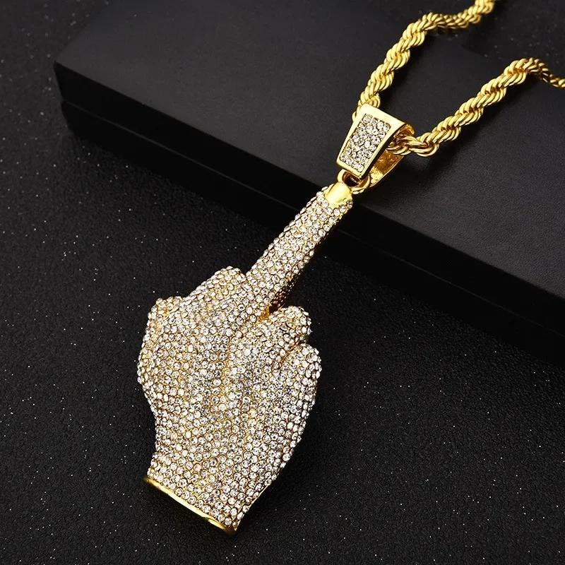 Ice Out Zirkon Höfliche Geste Mittelfinger Halskette Herren Damen Punk Hip Hop Rap Rock Party Schmuck Geschenk