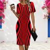 Women Plus Size Round Neck Short Sleeve Black White Striped Printed Fitted Dress