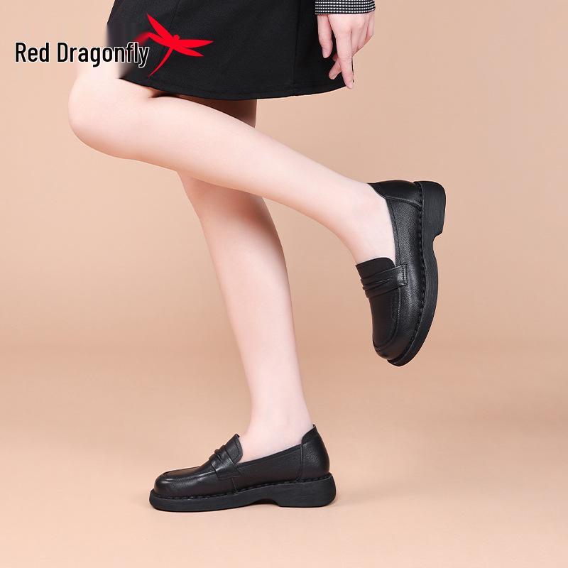 Red Dragonfly Women's Black Leather Loafers - 2025 Autumn Collection, Thick Heel for Middle-aged & Elderly.
