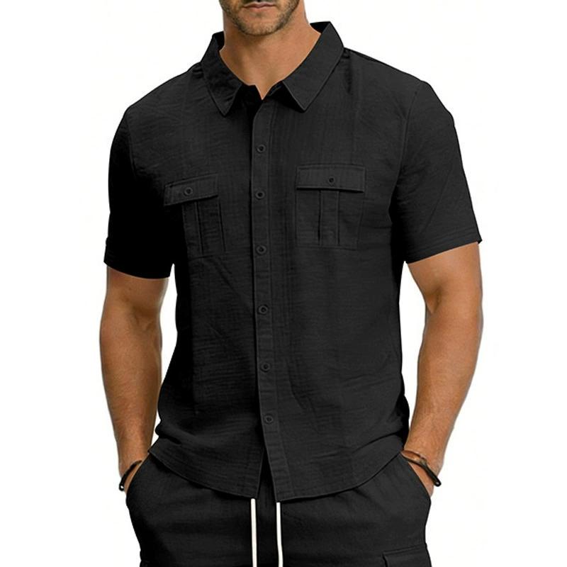 Cotton Linen Shirt Men Pocket Casual Beach Short Sleeve Solid Color Male Tops T-shirts Vintage Streetwear Comfort Casual Shirts
