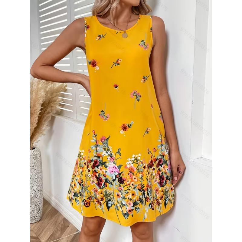 Women s fashionable printed casual sleeveless dress, machine washable, comfortable and versatile S