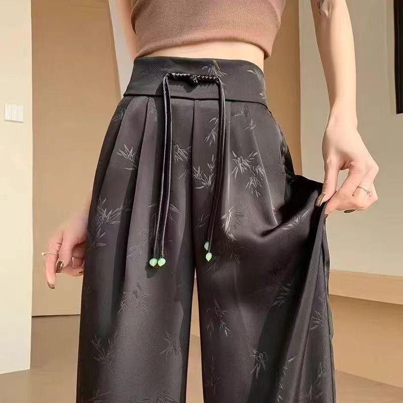 Women's High-Waisted Drapey Silk Wide-Leg Pants - New Chinese Style, Lightweight and Trendy for Summer