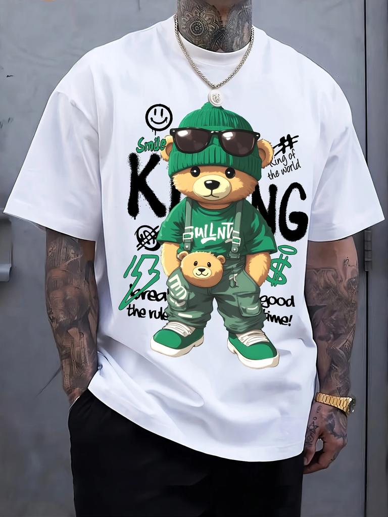Cotton short sleeved T-shirt for men 2025 trend loose American print casual versatile couple's top cartoon bear pattern casual T
