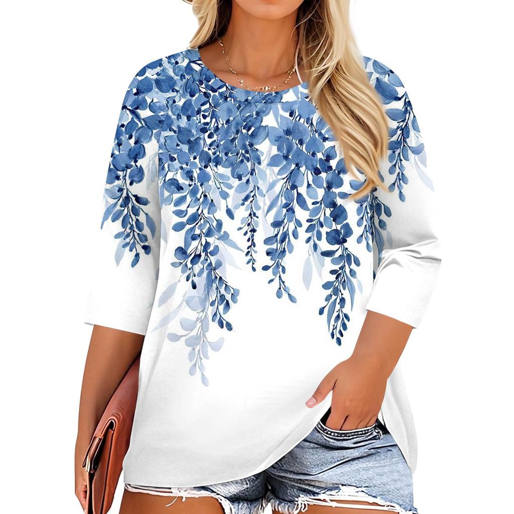 Women's Fashion Casual Print Round Neck 3/4 Sleeve T-Shirt Top