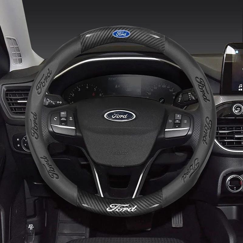 For Ford Mondeo Focus Raptor Puma Edge Explorer Ecosport Ranger F150 Kuga Car AntiSlip Carbon Fiber Leather Steering Wheel Cover UR1