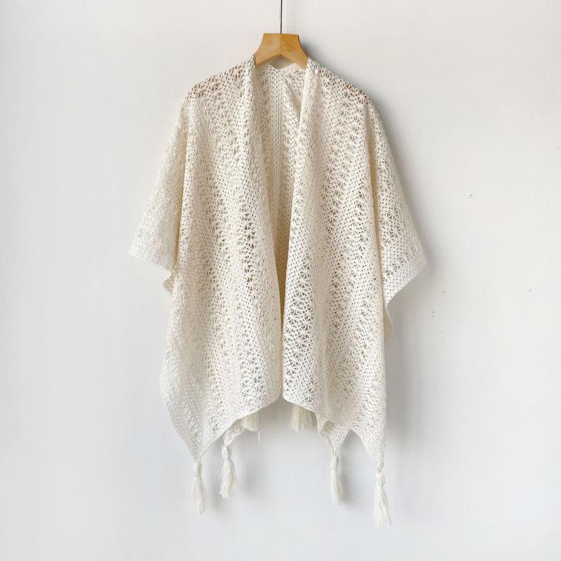Summer Versatile Ethnic Style White Shawl With Hollowed-Out Knitted Cheongsam Shawl Women'S Air-Conditioning Shawl Fringed Cardigan